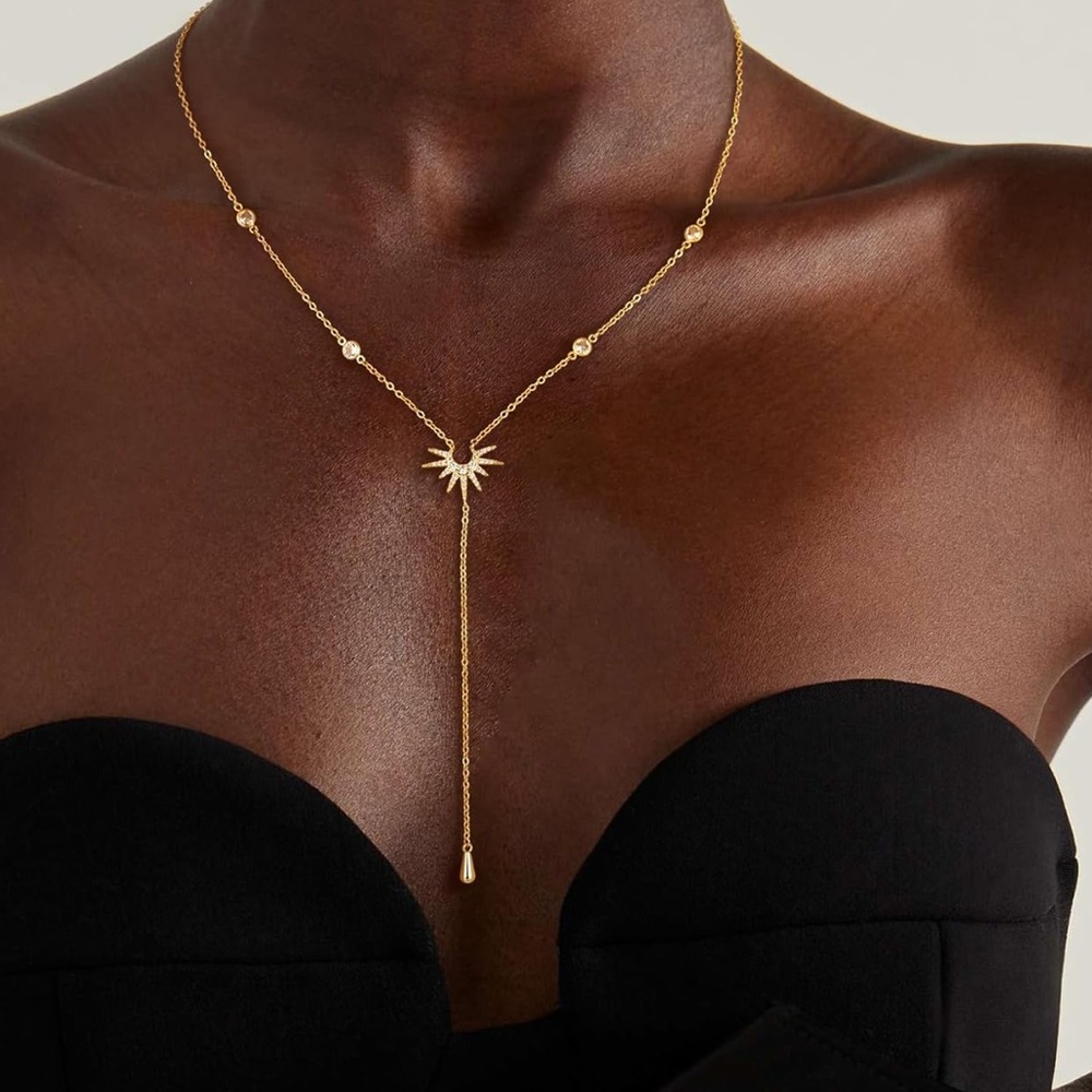 Gold Lariat Cubic Zirconia Necklace